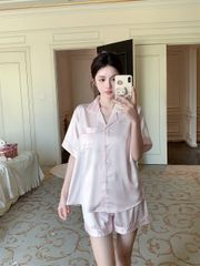 Shury Store Home Wear - Bộ pyjama lụa tay ngắn quần short hồng pastel họa tiết thỏ xinh NT11 đồ ngủ dễ thương