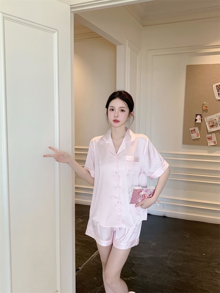 Shury Store Home Wear - Bộ pyjama lụa tay ngắn quần short hồng pastel họa tiết thỏ xinh NT11 đồ ngủ dễ thương