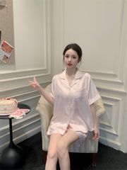 Shury Store Home Wear - Bộ pyjama lụa tay ngắn quần short hồng pastel họa tiết thỏ xinh NT11 đồ ngủ dễ thương