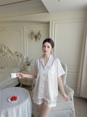 Shury Store Home Wear - Bộ pyjama lụa tay ngắn quần short NT34 họa tiết gấu pastel dễ thương đồ ngủ nữ cao cấp