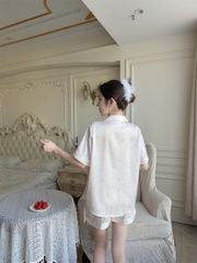 Shury Store Home Wear - Bộ pyjama lụa tay ngắn quần short NT34 họa tiết gấu pastel dễ thương đồ ngủ nữ cao cấp