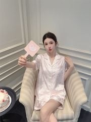 Shury Store Home Wear - Bộ pyjama lụa tay ngắn quần short NT34 họa tiết gấu pastel dễ thương đồ ngủ nữ cao cấp