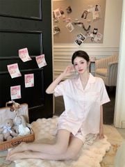 Shury Store Home Wear - Bộ đồ ngủ pyjama lụa ngắn tay quần short NT18 họa tiết trái tim dễ thương cho nữ