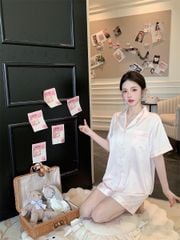 Shury Store Home Wear - Bộ đồ ngủ pyjama lụa ngắn tay quần short NT18 họa tiết trái tim dễ thương cho nữ