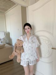 Pyjama lụa tay ngắn quần short họa tiết gấu hoạt hình NT23 Shury Store Home Wear đồ ngủ cute