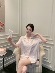 Shury Store Home Wear Bộ Pyjama Lụa Băng Tay Ngắn Quần Short NT22 Họa Tiết Nơ Trái Tim Cực Xinh