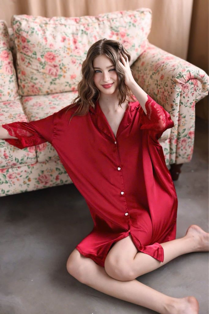 Váy ngủ lụa băng phối ren freesize 45–75kg SM60 Shury Store Home Wear Đầm ngủ màu cao cấp dài 90cm
