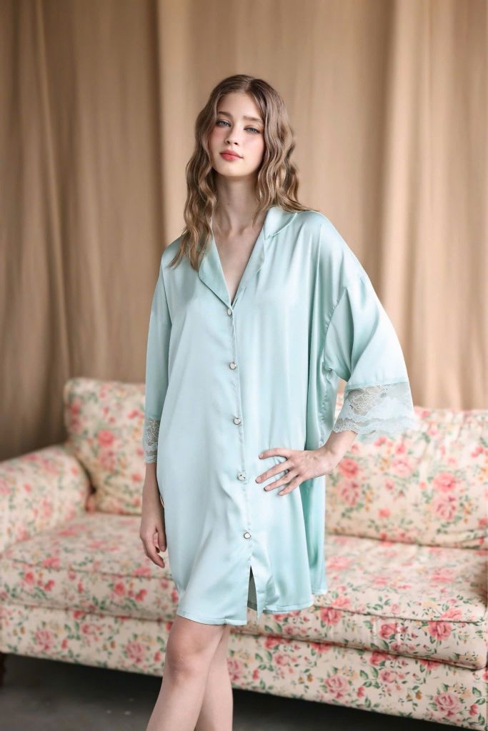 Váy ngủ lụa băng phối ren | Shury Store Home Wear |  freesize 45–75kg SM31  Đầm ngủ cao cấp dài 90cm