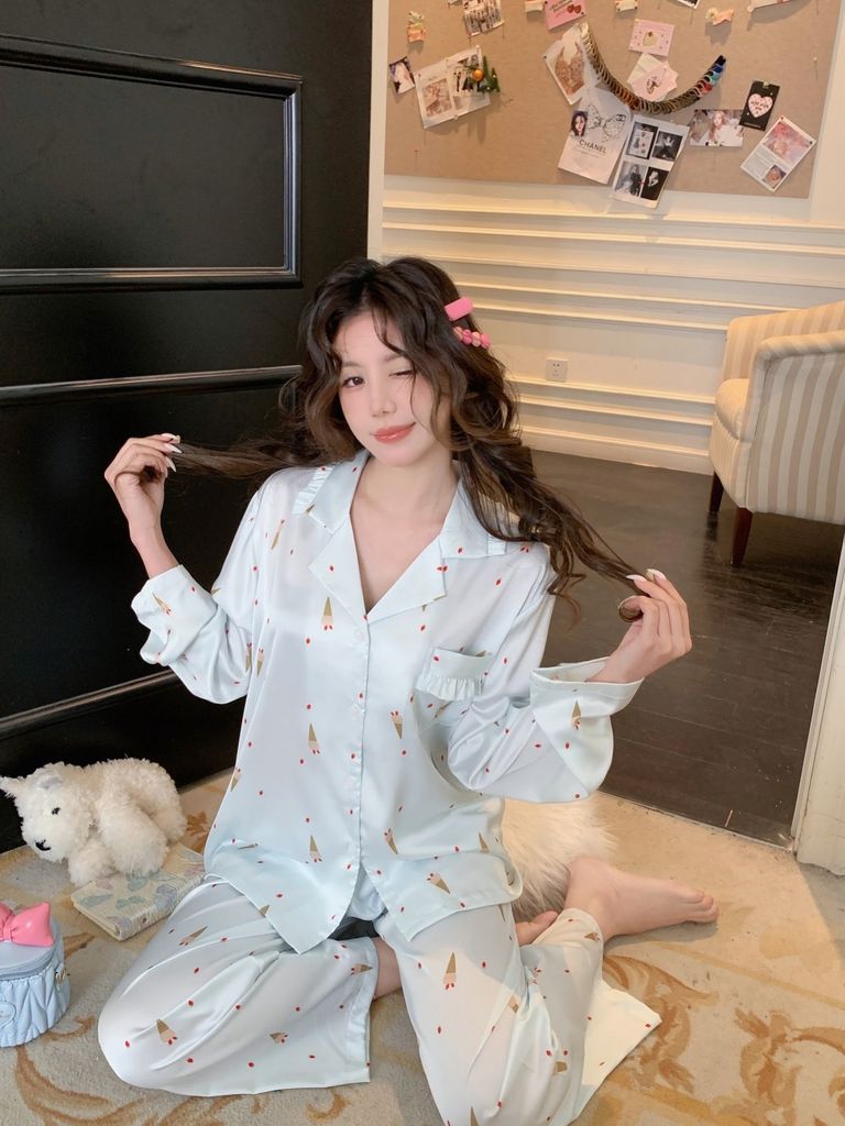 Pyjama lụa băng TD83 họa tiết kem Shury Store Home Wear Bộ đồ ngủ cao cấp mềm mát 2 màu hồng xanh