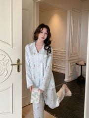 Pyjama lụa băng TD83 họa tiết kem Shury Store Home Wear Bộ đồ ngủ cao cấp mềm mát 2 màu hồng xanh