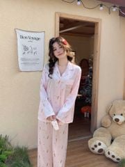 Pyjama lụa băng TD83 họa tiết kem Shury Store Home Wear Bộ đồ ngủ cao cấp mềm mát 2 màu hồng xanh