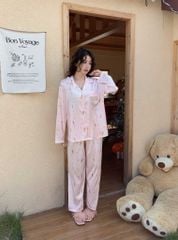 Pyjama lụa băng TD83 họa tiết kem Shury Store Home Wear Bộ đồ ngủ cao cấp mềm mát 2 màu hồng xanh