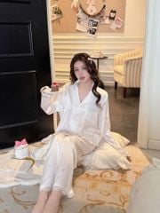 Pyjama Lụa Băng TD25 Shury Store Home Wear Bộ đồ ngủ lụa băng tay dài ren họa tiết hoa nền trắng kem