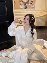 Pyjama Lụa Băng TD25 Shury Store Home Wear Bộ đồ ngủ lụa băng tay dài ren họa tiết hoa nền trắng kem
