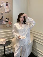Bộ Pyjama Lụa Băng TD51 Shury Store Home Wear Họa Tiết Nơ Xinh Nền Trắng Kem Sang Trọng Size M L XL