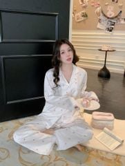 Bộ Pyjama Lụa Băng Họa Tiết Nơ Trắng Kem TD09 Shury Store Home Wear Lụa Mềm Mát Mặc Nhà Cao Cấp