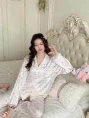 Bộ Pyjama Lụa Băng Họa Tiết Nơ Trắng Kem TD09 Shury Store Home Wear Lụa Mềm Mát Mặc Nhà Cao Cấp