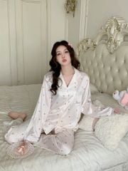 Bộ Pyjama Lụa Băng Họa Tiết Nơ Trắng Kem TD09 Shury Store Home Wear Lụa Mềm Mát Mặc Nhà Cao Cấp