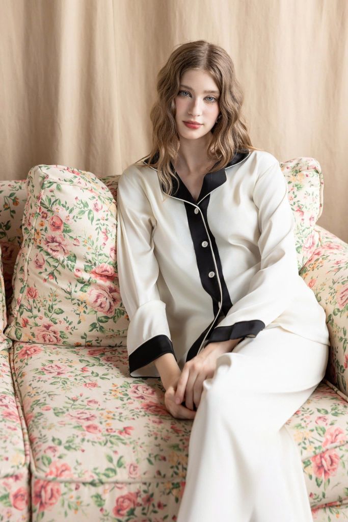Bộ pyjama lụa dài tay TD30 phối viền sang trọng – Shury Store Home Wear – mềm mát, mặc nhà cao cấp