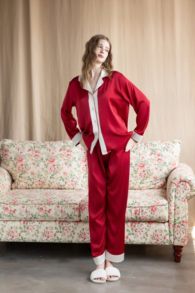 Bộ pyjama lụa dài tay TD30 phối viền sang trọng – Shury Store Home Wear – mềm mát, mặc nhà cao cấp