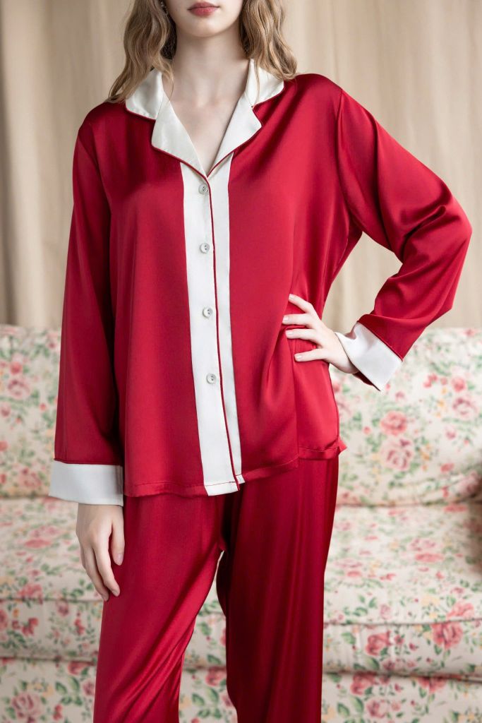 Bộ pyjama lụa dài tay TD30 phối viền sang trọng – Shury Store Home Wear – mềm mát, mặc nhà cao cấp