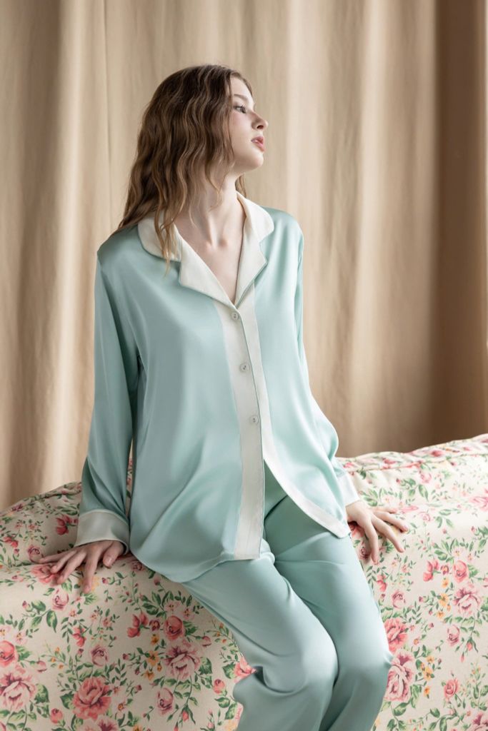 Bộ pyjama lụa dài tay TD69 phối viền sang trọng – Shury Store Home Wear – mềm mát, mặc nhà cao cấp
