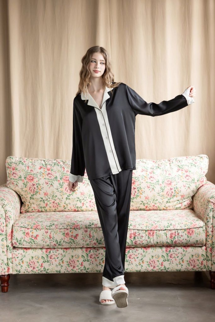 Bộ pyjama lụa dài tay TD69 phối viền sang trọng – Shury Store Home Wear – mềm mát, mặc nhà cao cấp