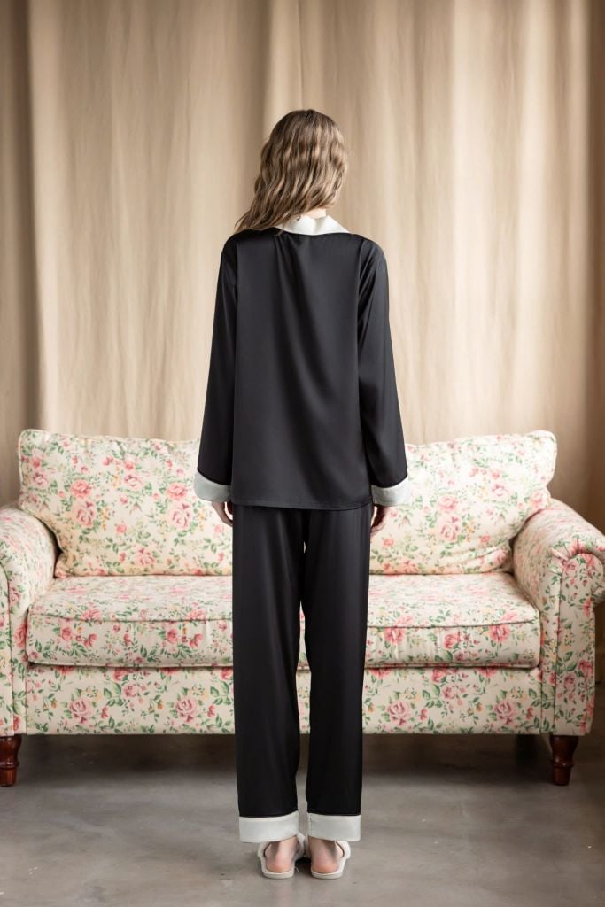Bộ pyjama lụa dài tay TD69 phối viền sang trọng – Shury Store Home Wear – mềm mát, mặc nhà cao cấp