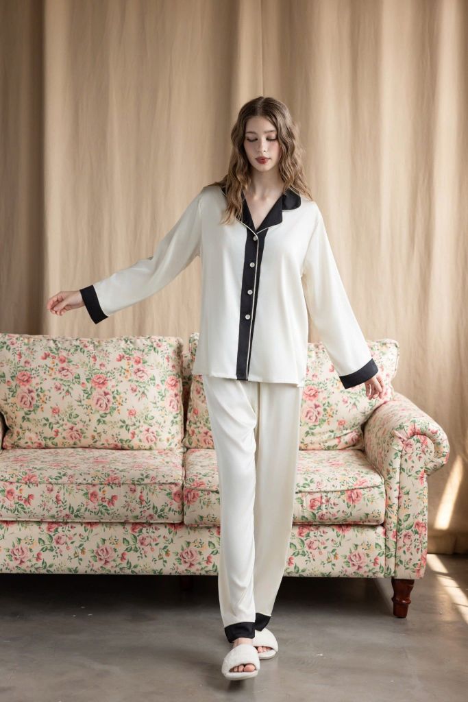Bộ pyjama lụa dài tay TD30 phối viền sang trọng – Shury Store Home Wear – mềm mát, mặc nhà cao cấp