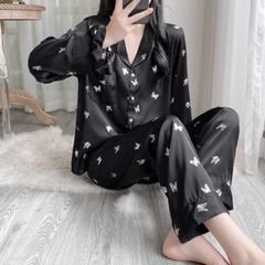 Bộ pyjama lụa tay dài quần dài ép kim hình bướm Shury Store Home Wear TD74 mặc mát thoải mái sang