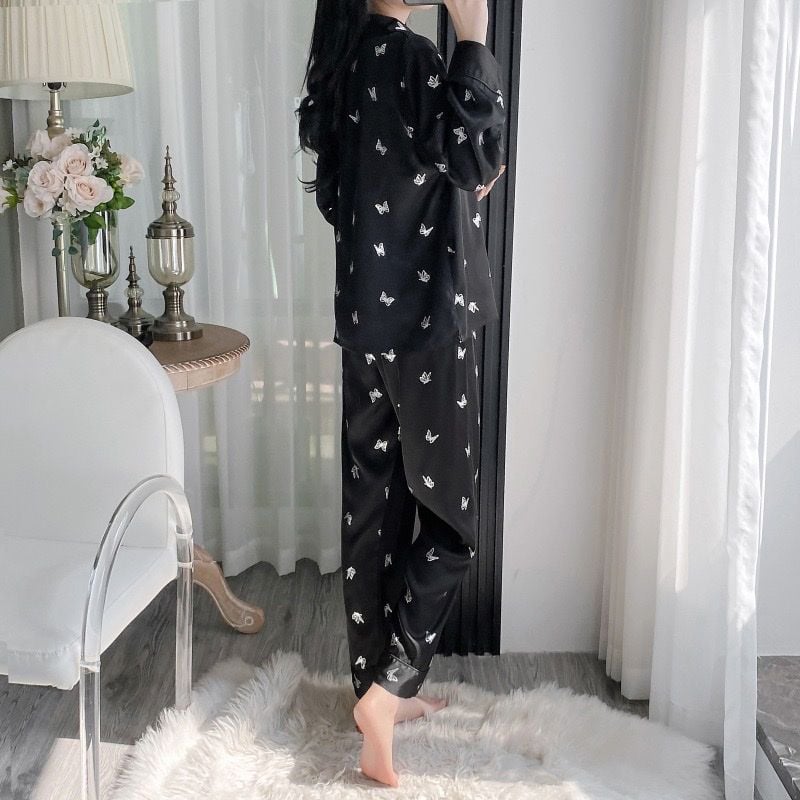 Bộ pyjama lụa tay dài quần dài ép kim hình bướm Shury Store Home Wear TD74 mặc mát thoải mái sang