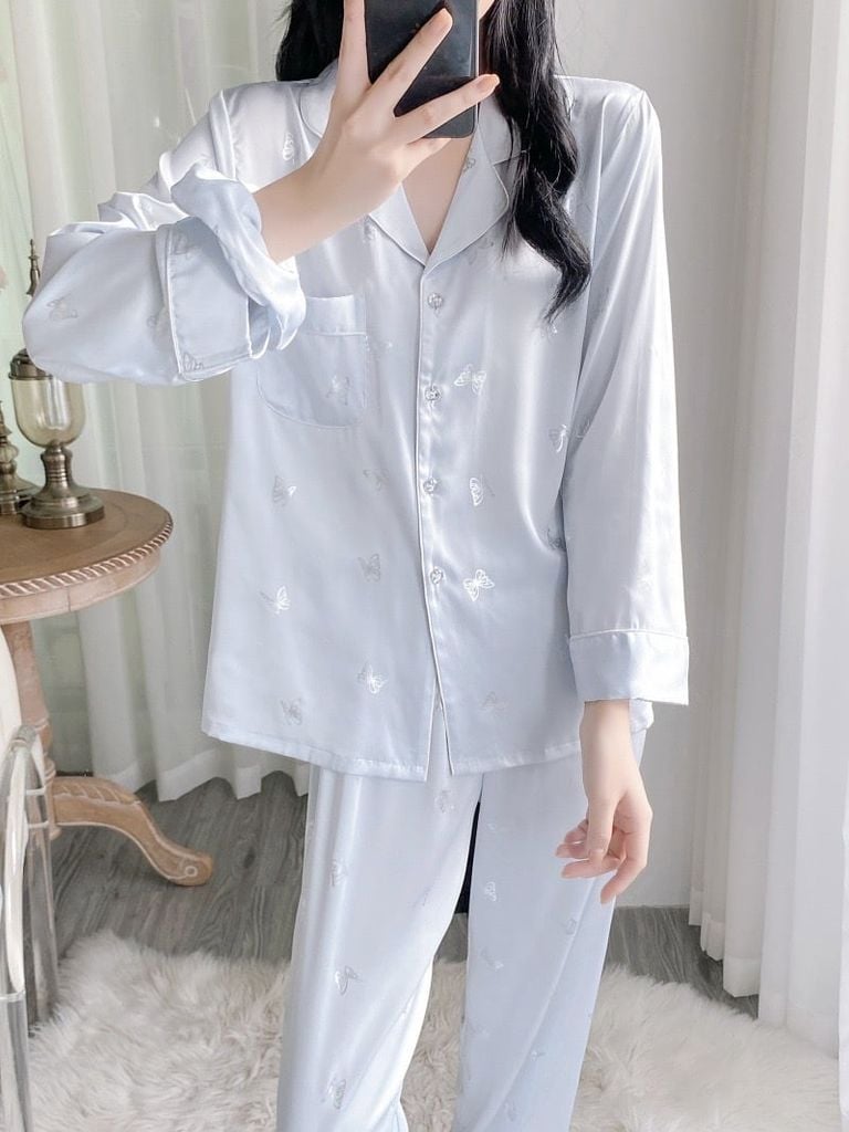 Bộ pyjama lụa tay dài quần dài ép kim hình bướm Shury Store Home Wear TD74 mặc mát thoải mái sang