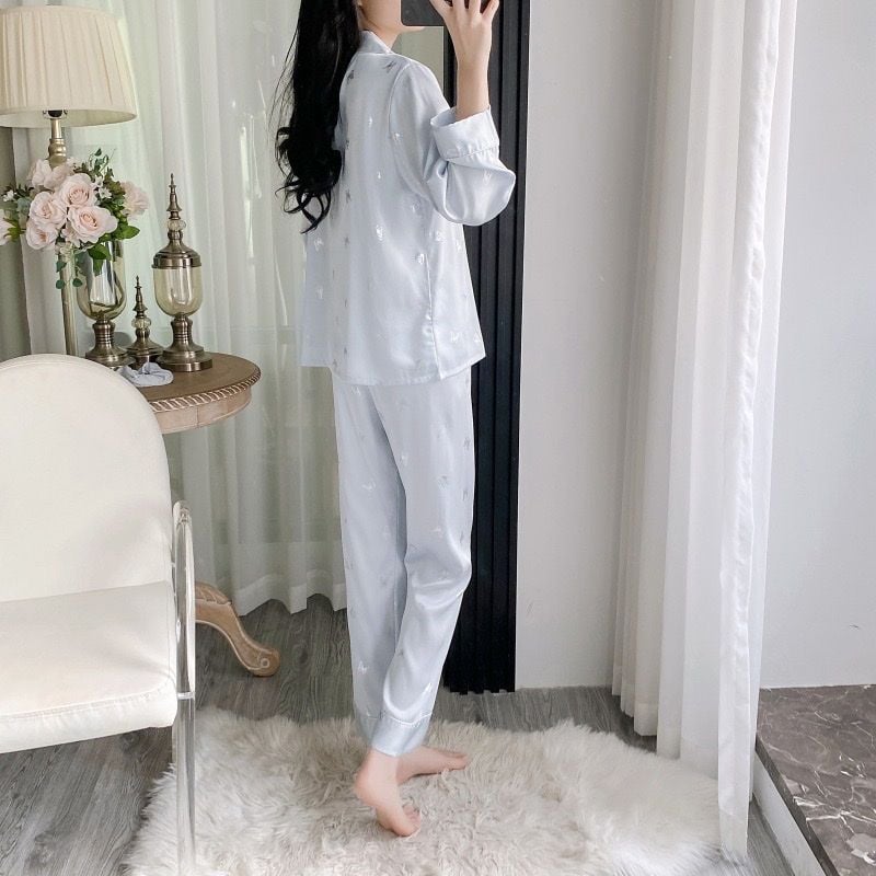 Bộ pyjama lụa tay dài quần dài ép kim hình bướm Shury Store Home Wear TD74 mặc mát thoải mái sang