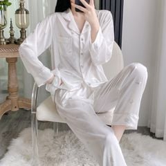 Bộ pyjama lụa tay dài quần dài ép kim hình bướm Shury Store Home Wear TD74 mặc mát thoải mái sang