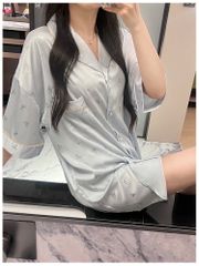 Váy ngủ lụa sơmi SM53 Shury Store Home Wear freesize ép kim bạc hình nơ màu hồng xanh nhẹ nhàng sang