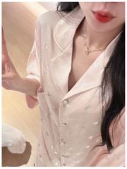 Váy ngủ lụa sơmi SM53 Shury Store Home Wear freesize ép kim bạc hình nơ màu hồng xanh nhẹ nhàng sang