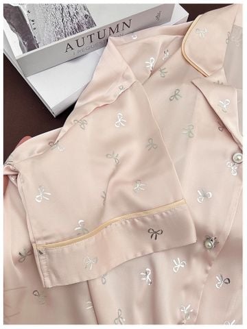 Váy ngủ lụa sơmi SM53 Shury Store Home Wear freesize ép kim bạc hình nơ màu hồng xanh nhẹ nhàng sang