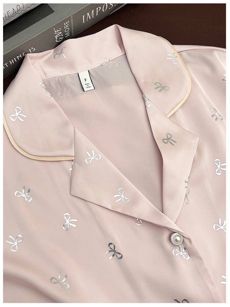 Váy ngủ lụa sơmi SM53 Shury Store Home Wear freesize ép kim bạc hình nơ màu hồng xanh nhẹ nhàng sang
