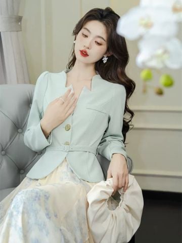 Set Vest Xanh Chân Váy Hoa