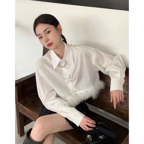 Set Somi Trắng Tay Lông + Chân Váy Đen