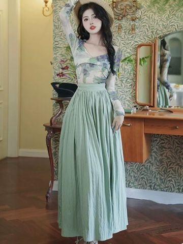 Set Áo Thun Xanh Mịn Chân Váy Xếp Li