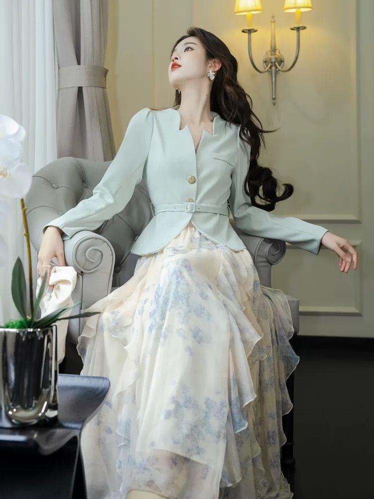 Set Vest Xanh Chân Váy Hoa