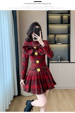 Đầm Dạ Caro Đỏ,Xanh Nơ