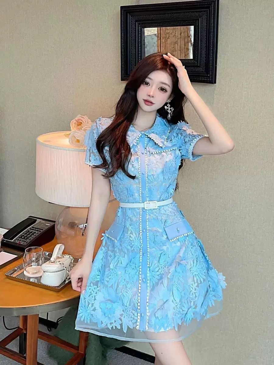 Đầm Xanh Nịt Trắng Kết Hoa