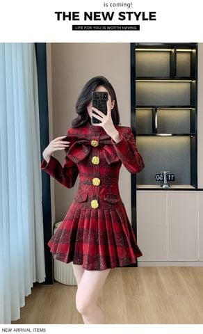 Đầm Dạ Caro Đỏ,Xanh Nơ