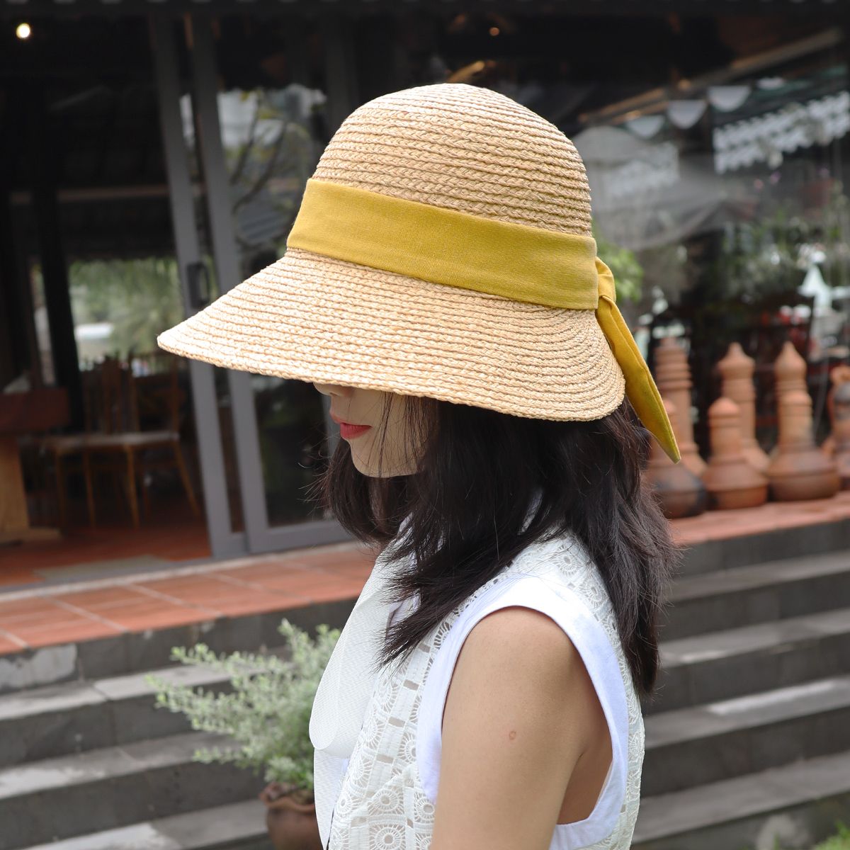 Nón Cói Raffia Chóp Tròn Dạng Nửa Vành Lưỡi Trai 8cm - BO SAU