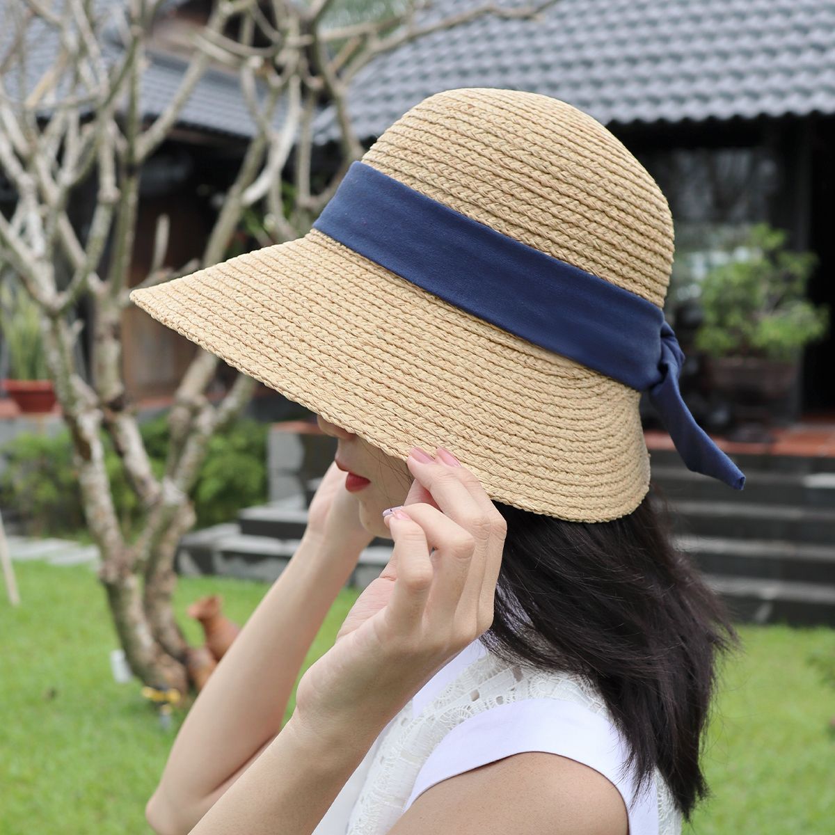 Nón Cói Raffia Chóp Tròn Dạng Nửa Vành Lưỡi Trai 8cm - BO SAU