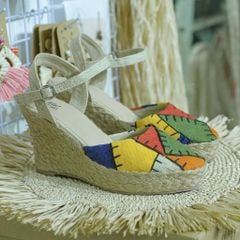 Đế Xuồng Cói Thêu Ghép Vải Hemp Nhiều Màu Gót Mảnh 8cm - MINH TÚ