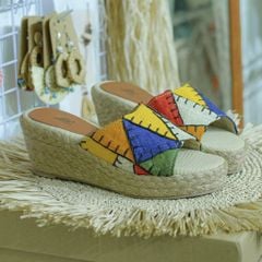 MINH THI - Dép Đế Xuồng Cói Thêu Ghép Vải Hemp Nhiều Màu 6cm