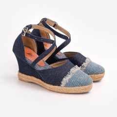 Giày Cói Đế Xuồng Phối Denim Quai Gài Chéo 8cm - DU MỤC